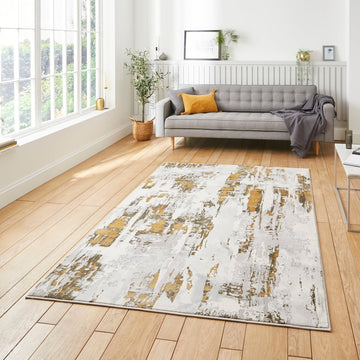 Apollo GR579 Modern Abstract Distressed Metallic Shimmer High-Density Textured Low Profile Short-Pile Grey/Gold/Cream Rug-Think Rugs-Rug Love - The Most Loved Rug Store